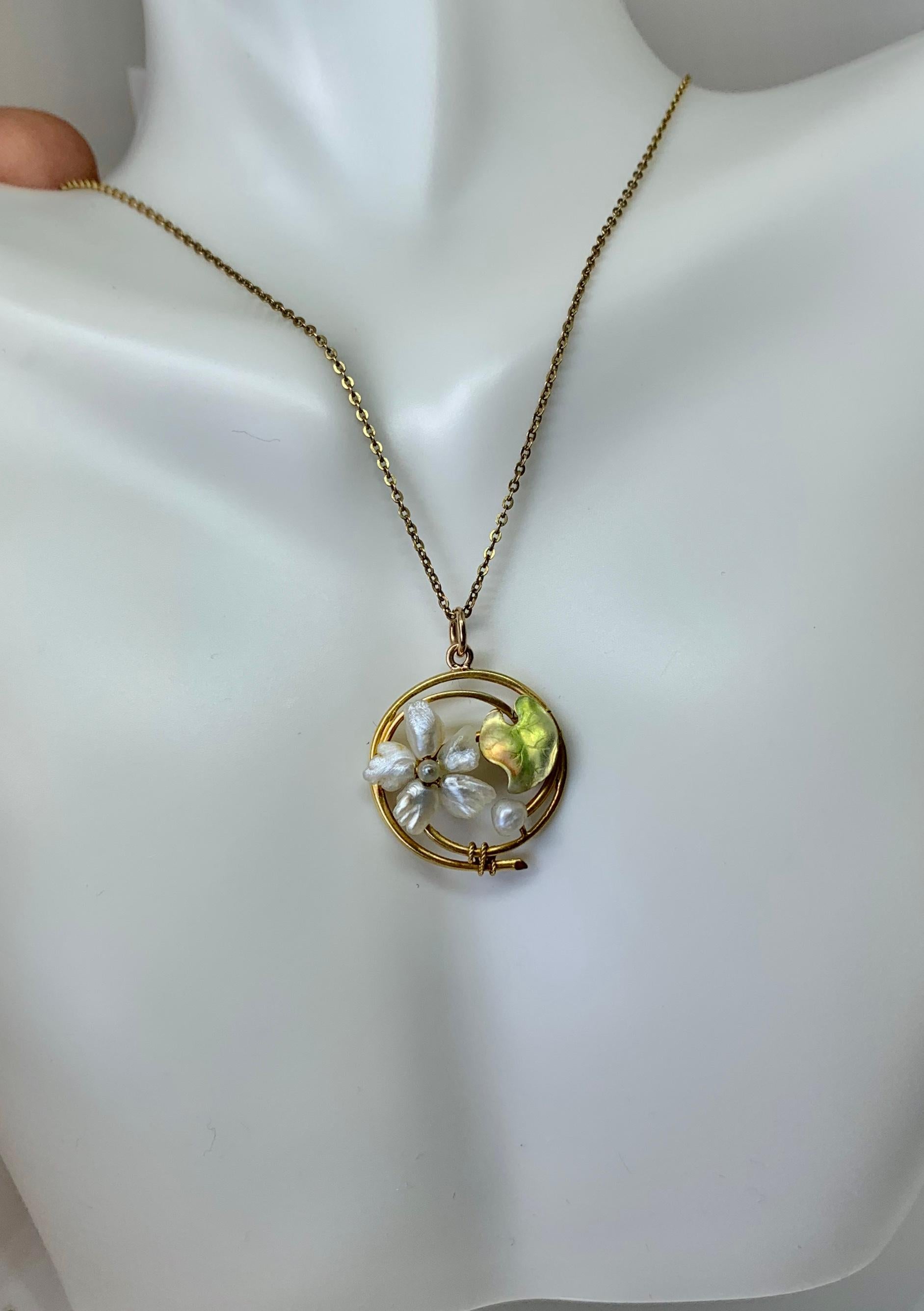 Uncut Art Nouveau Flower Lily Pad Enamel Pearl Pendant Lavaliere Necklace 14K Gold For Sale