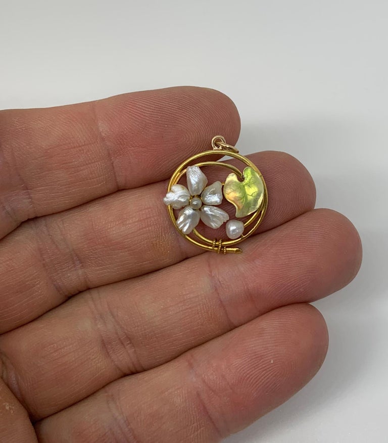 Art Nouveau Flower Lily Pad Enamel Pearl Pendant Lavaliere Necklace 14K ...