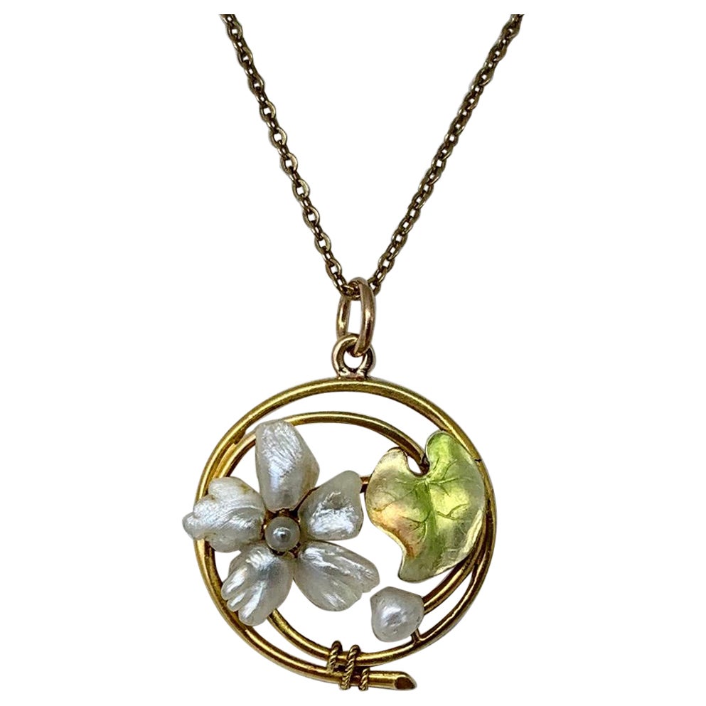 Art Nouveau Blume Lily Pad Emaille Perle Anhänger Lavaliere Halskette 14K Gold