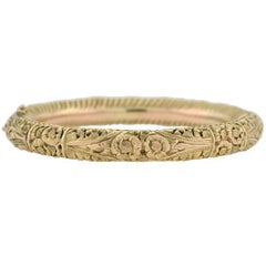 Art Nouveau Flower Motif Repousse Hinged Bangle Bracelet