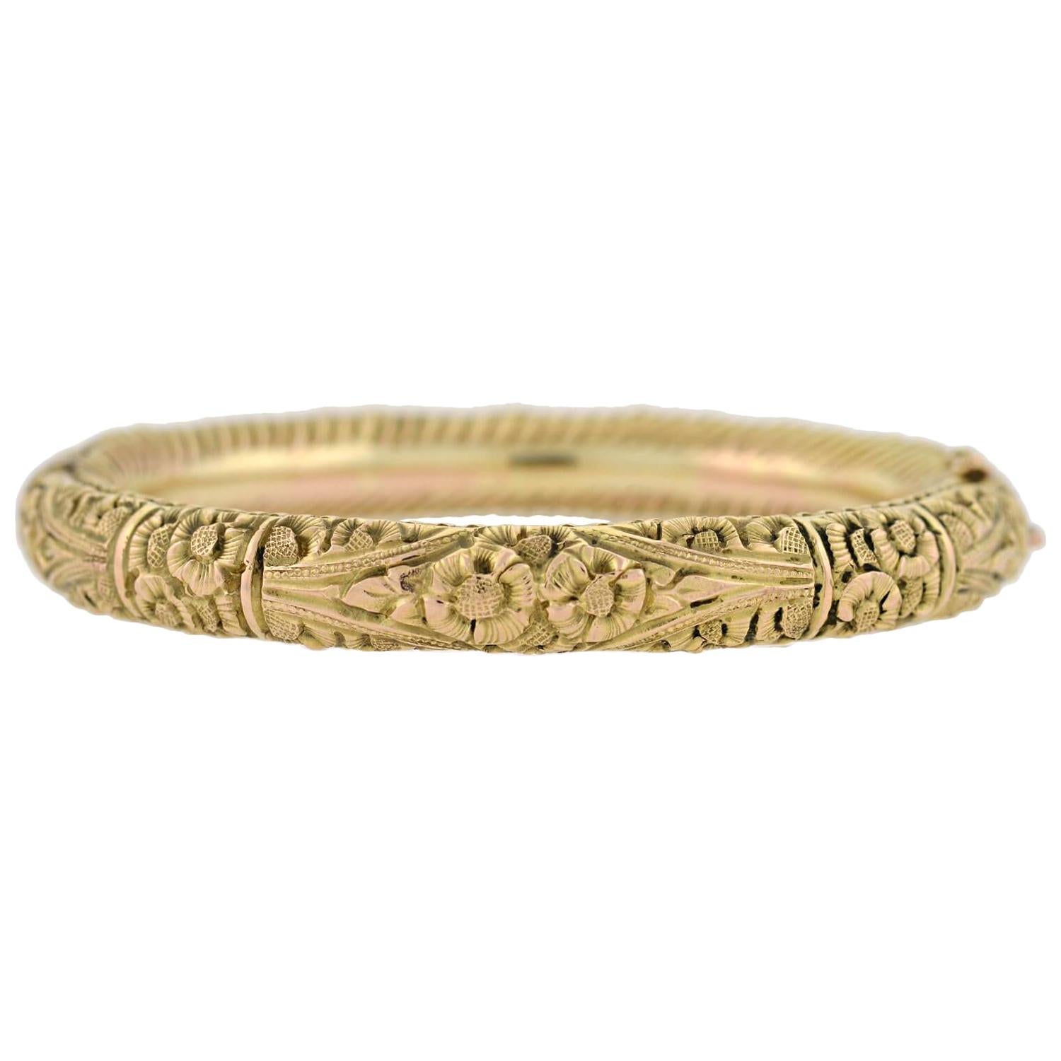 Art Nouveau Flower Motif Repousse Hinged Bangle Bracelet