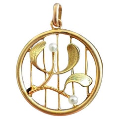Antique Art Nouveau Flower Pendant 18k Yellow Gold Natural Pearls Love Token French