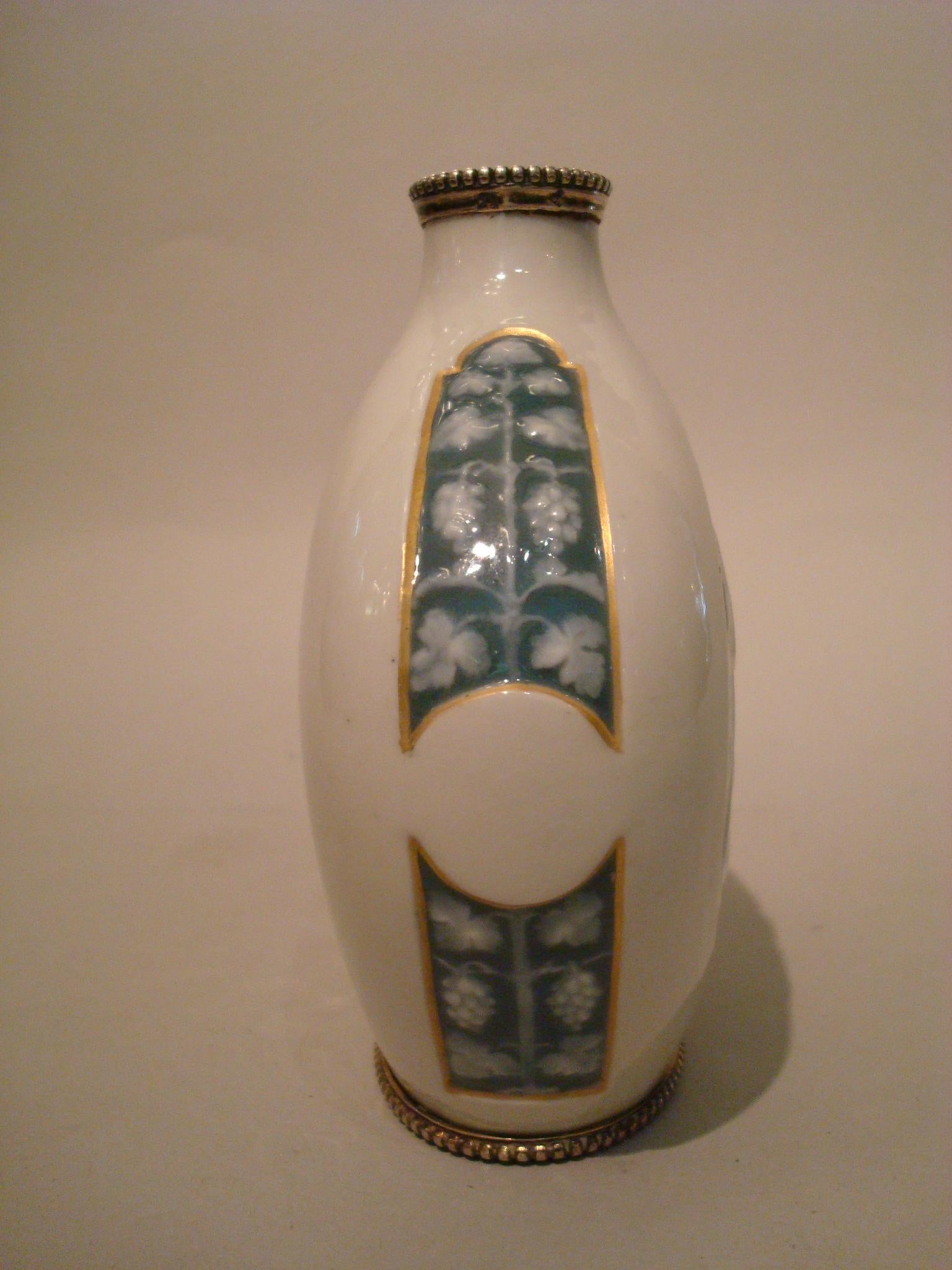 French Art Nouveau Flower Vase Limoges Porcelain and Silver by Joe Descomps For Sale