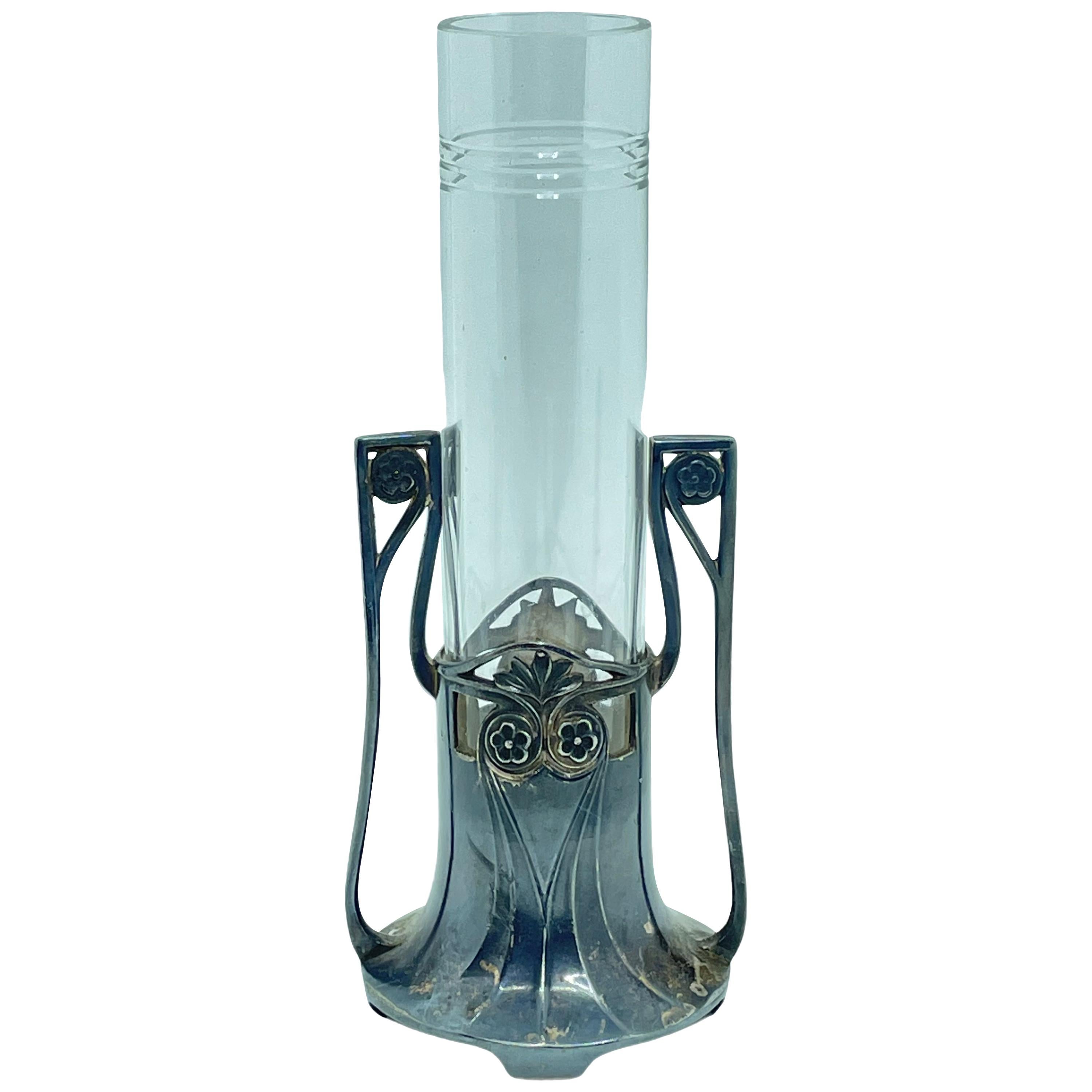 Large Antique Art Nouveau Silver Plated Trumpet Vase with Repousse