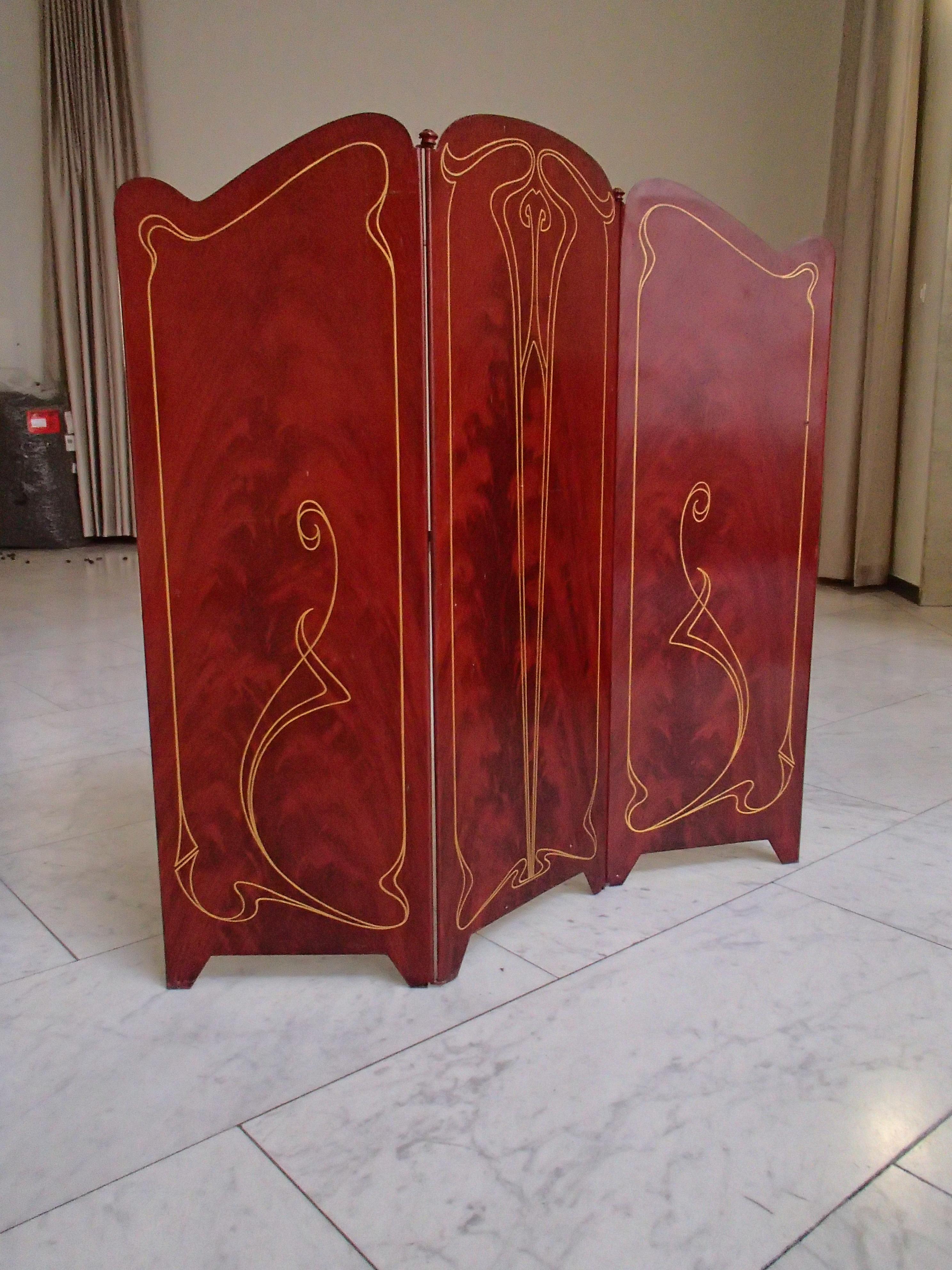 Metal Art Nouveau Foldable Firescreen with Painting For Sale