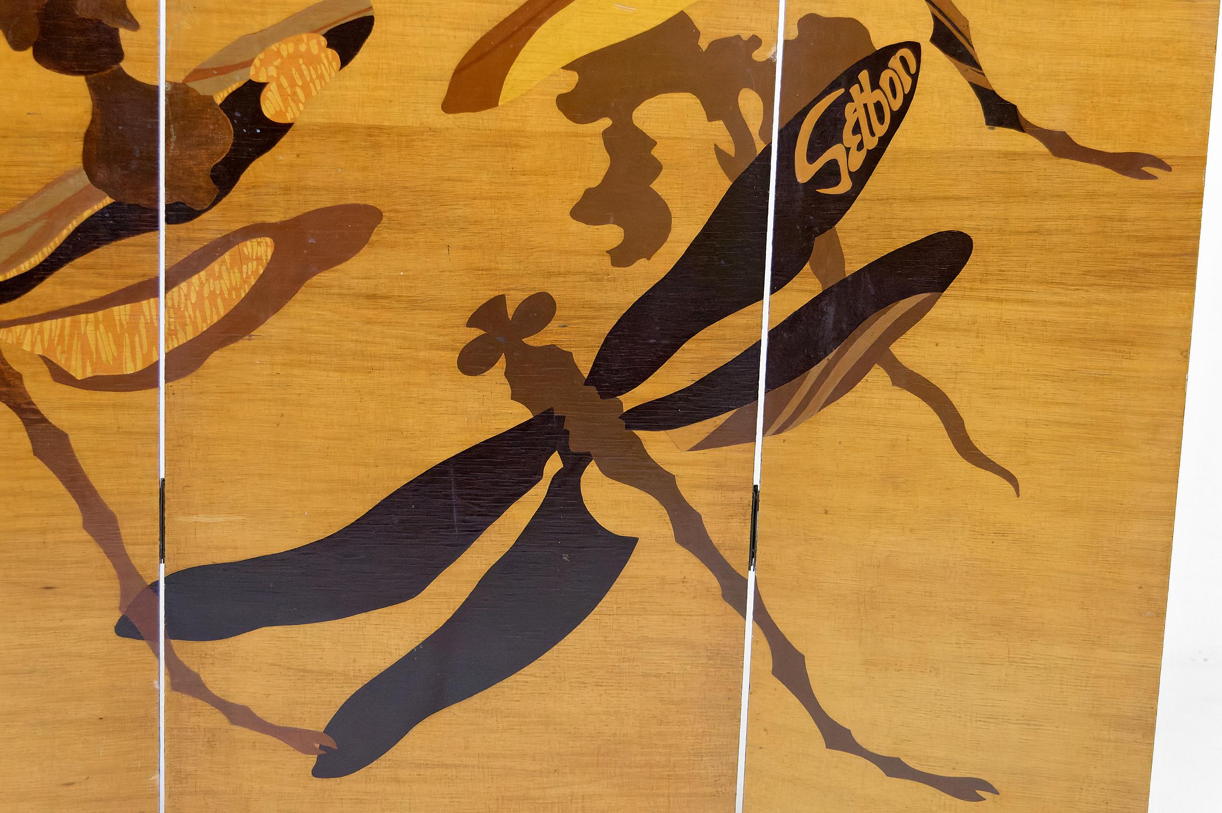 Wood Art Nouveau Folding Screen with Dragonflies, by Setbon, France, Circa 1910 For Sale