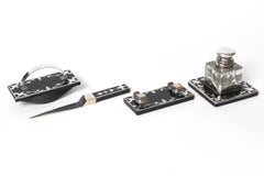 Art Nouveau Foliage Silver Overlay Black Glass Inkwell Four Piece Desk set