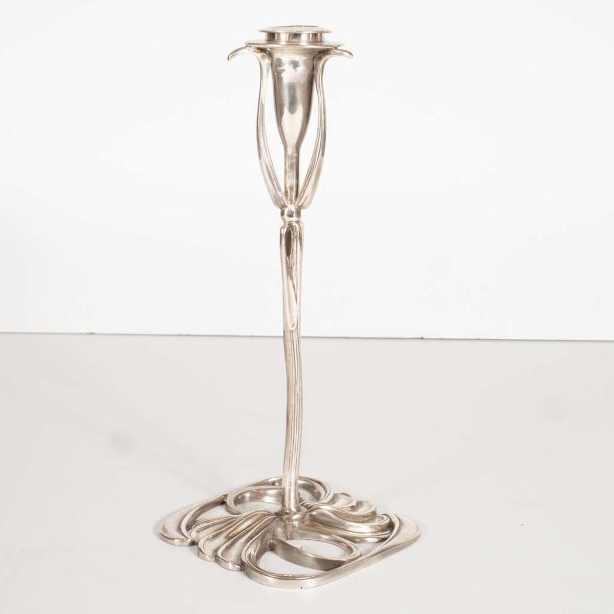 Silvered, cast bronze Art Nouveau style foliate candlestick.