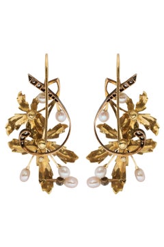 Art Nouveau Foliate Pearl and Diamond Earrings