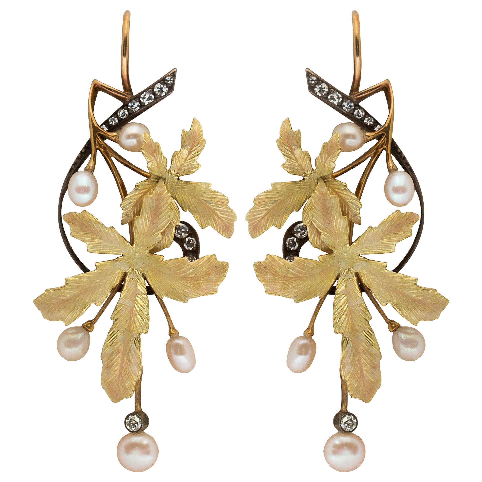 Art Nouveau Foliate Pearl and Diamond Earrings For Sale