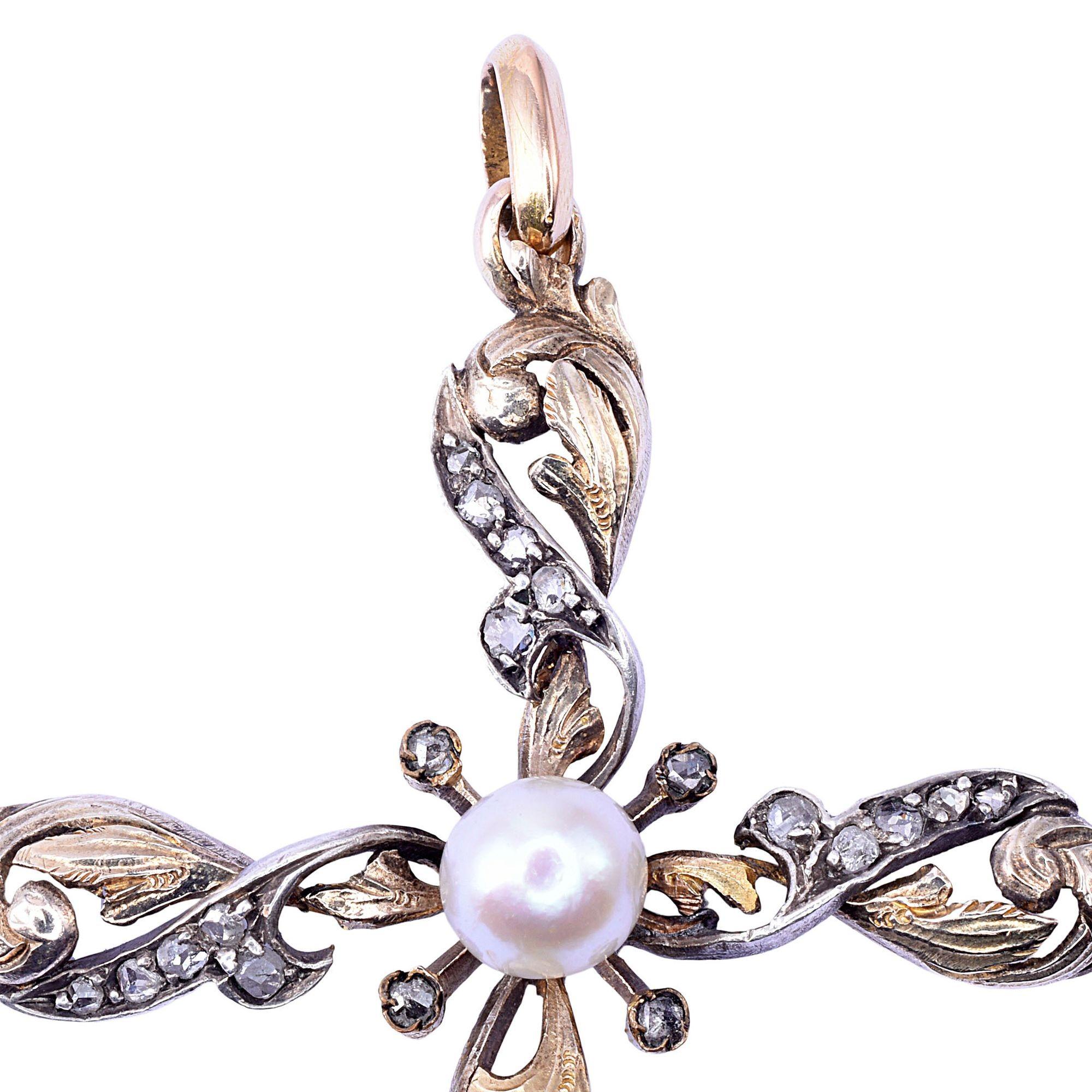 Round Cut Art Nouveau Foliate Pearl & Diamond Cross Pendant For Sale
