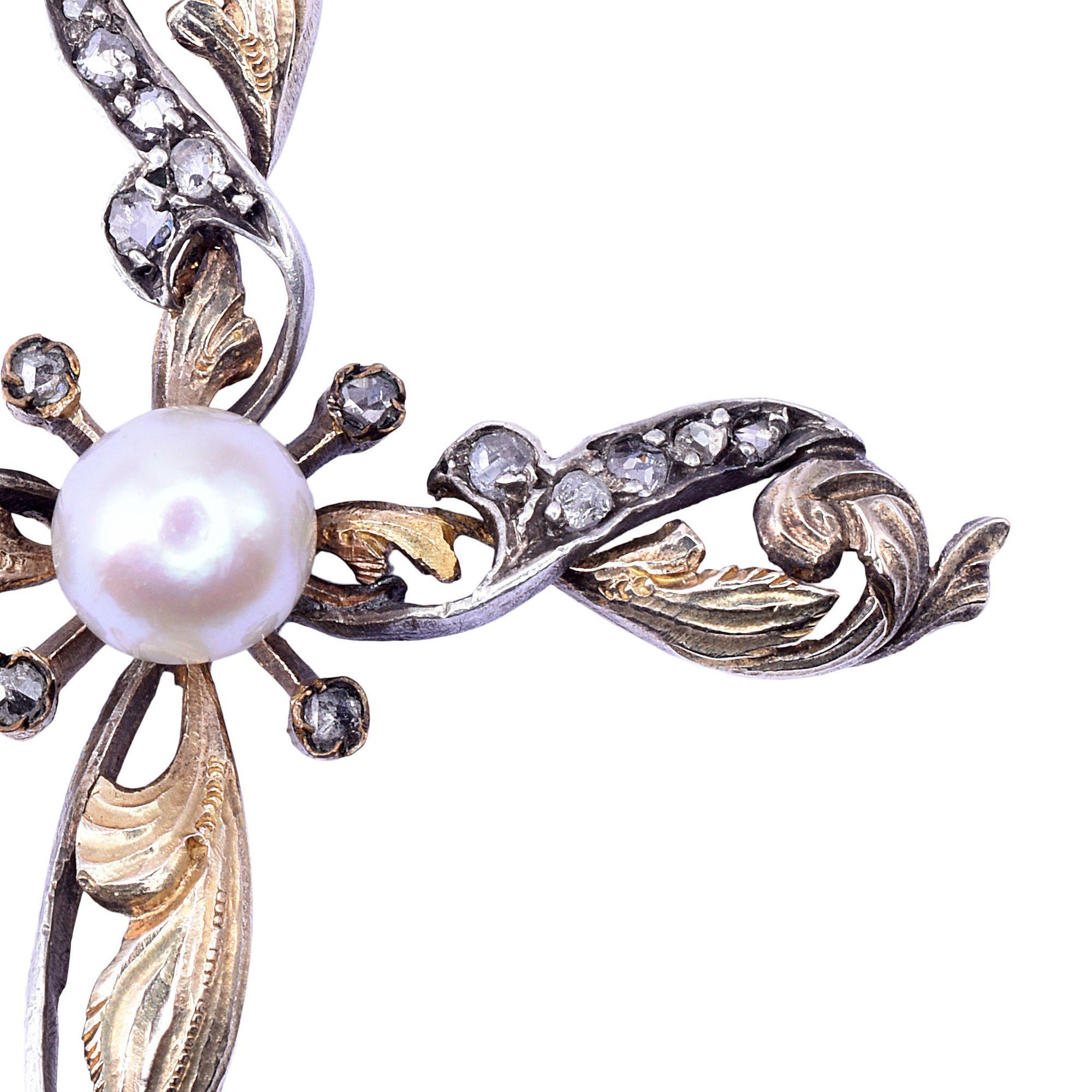 Women's Art Nouveau Foliate Pearl & Diamond Cross Pendant For Sale