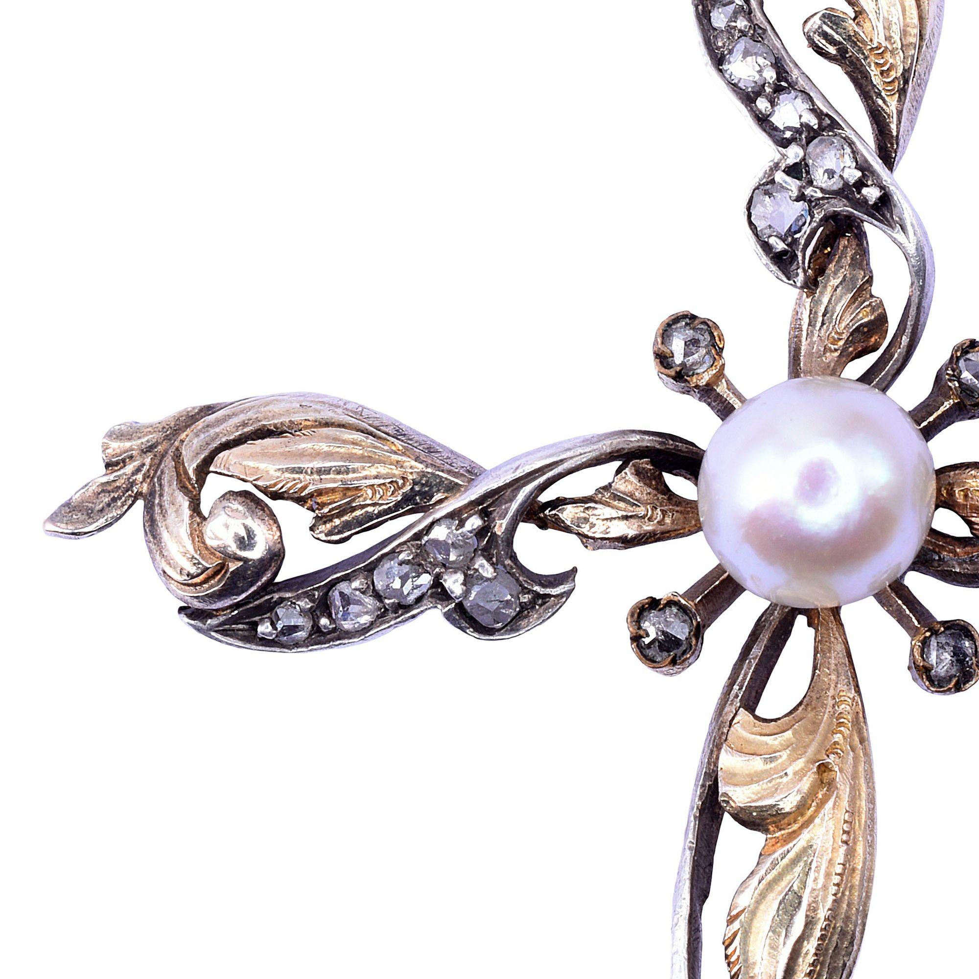 Art Nouveau Foliate Pearl & Diamond Cross Pendant For Sale 1