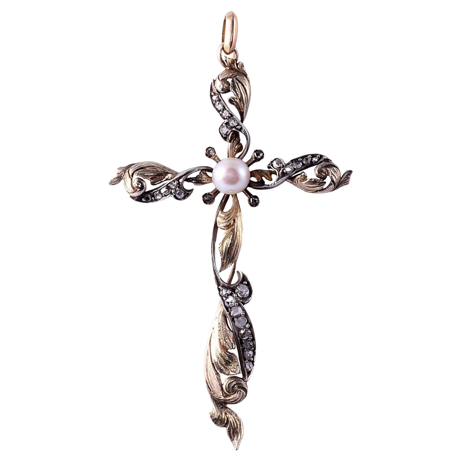 Art Nouveau Foliate Pearl & Diamond Cross Pendant For Sale