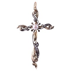 Antique Art Nouveau Foliate Pearl & Diamond Cross Pendant