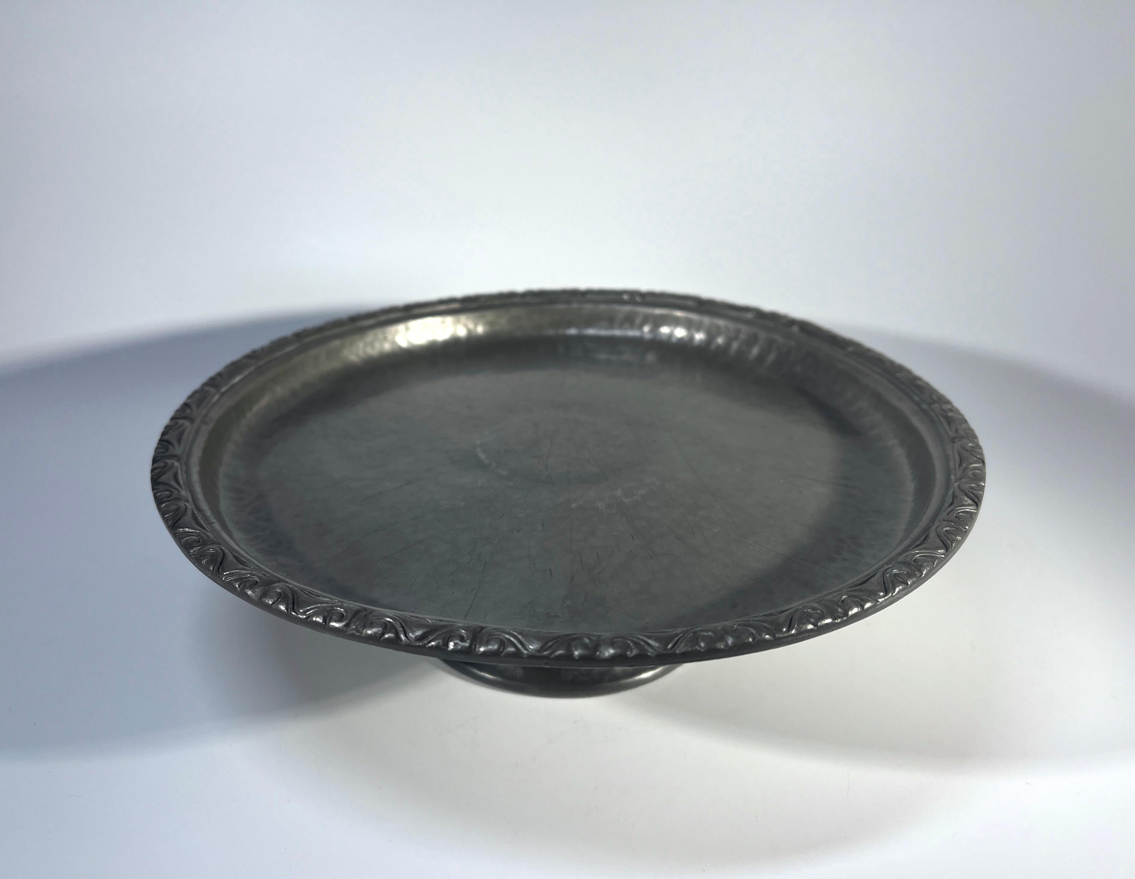 Art Nouveau Footed Tray Made By Liberty & Co., English Hammered Antique Pewter  For Sale 1