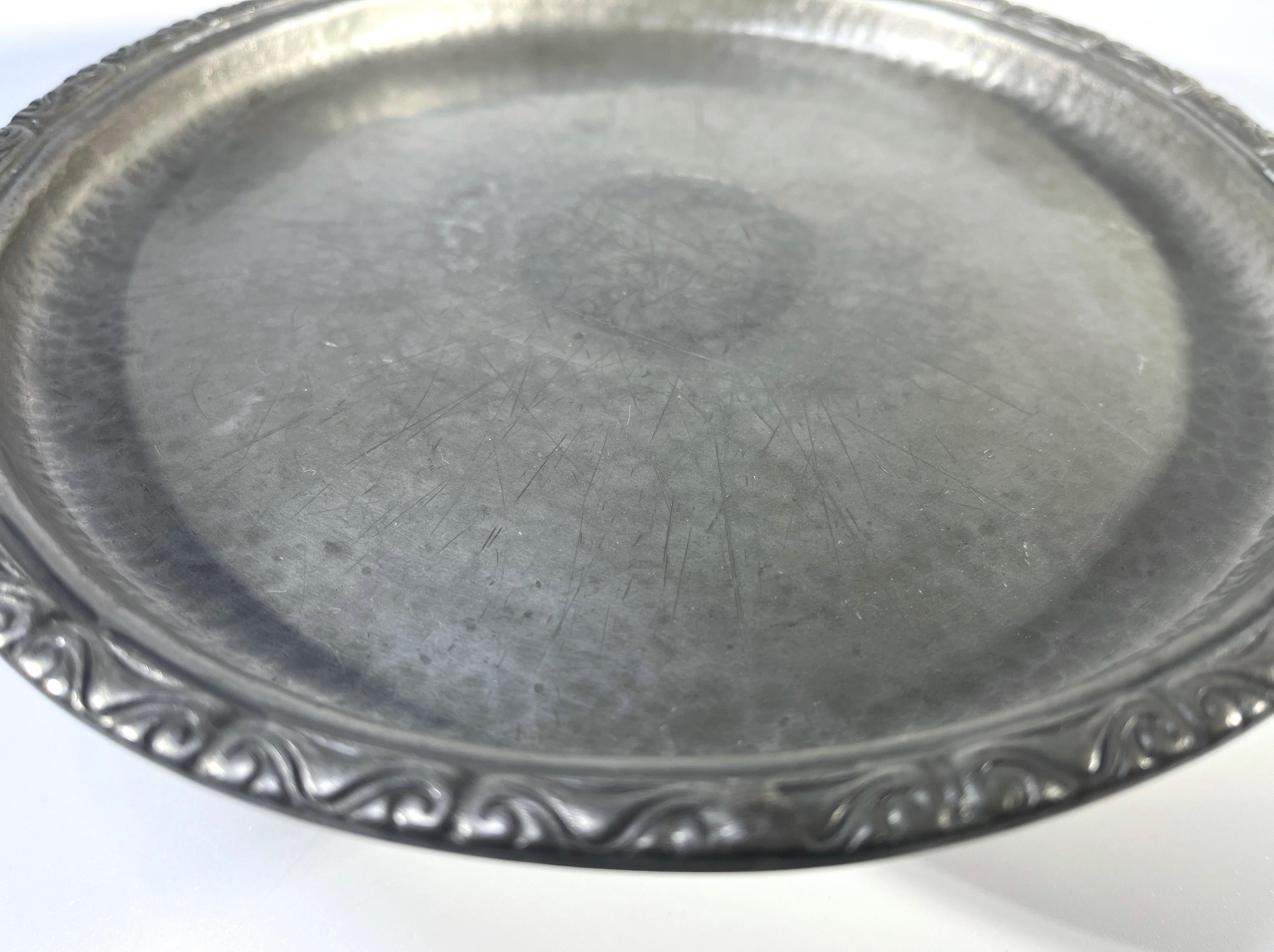 Art Nouveau Footed Tray Made By Liberty & Co., English Hammered Antique Pewter  For Sale 3