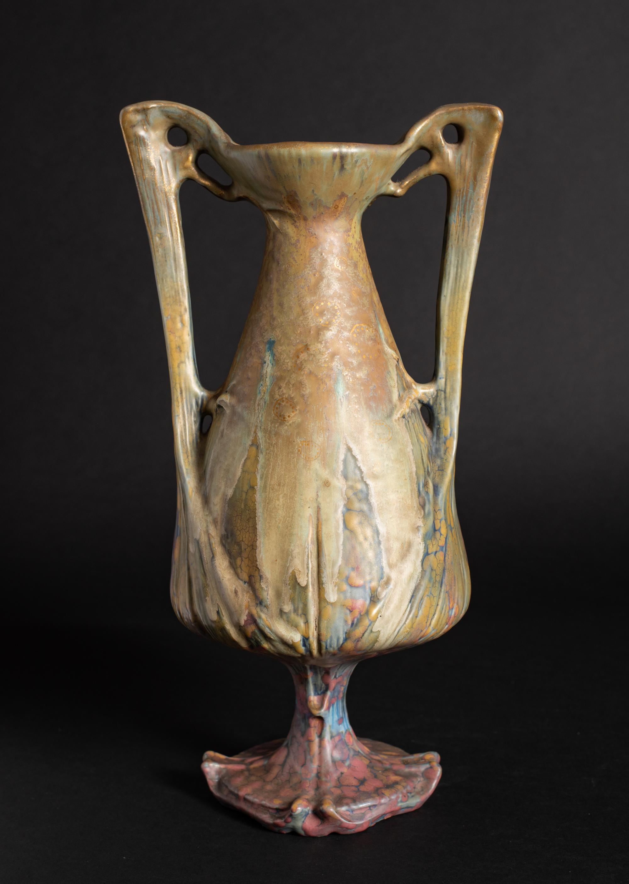 Art Nouveau Footed Vase with Two Handles by RStK Amphora In Excellent Condition For Sale In Chicago, US