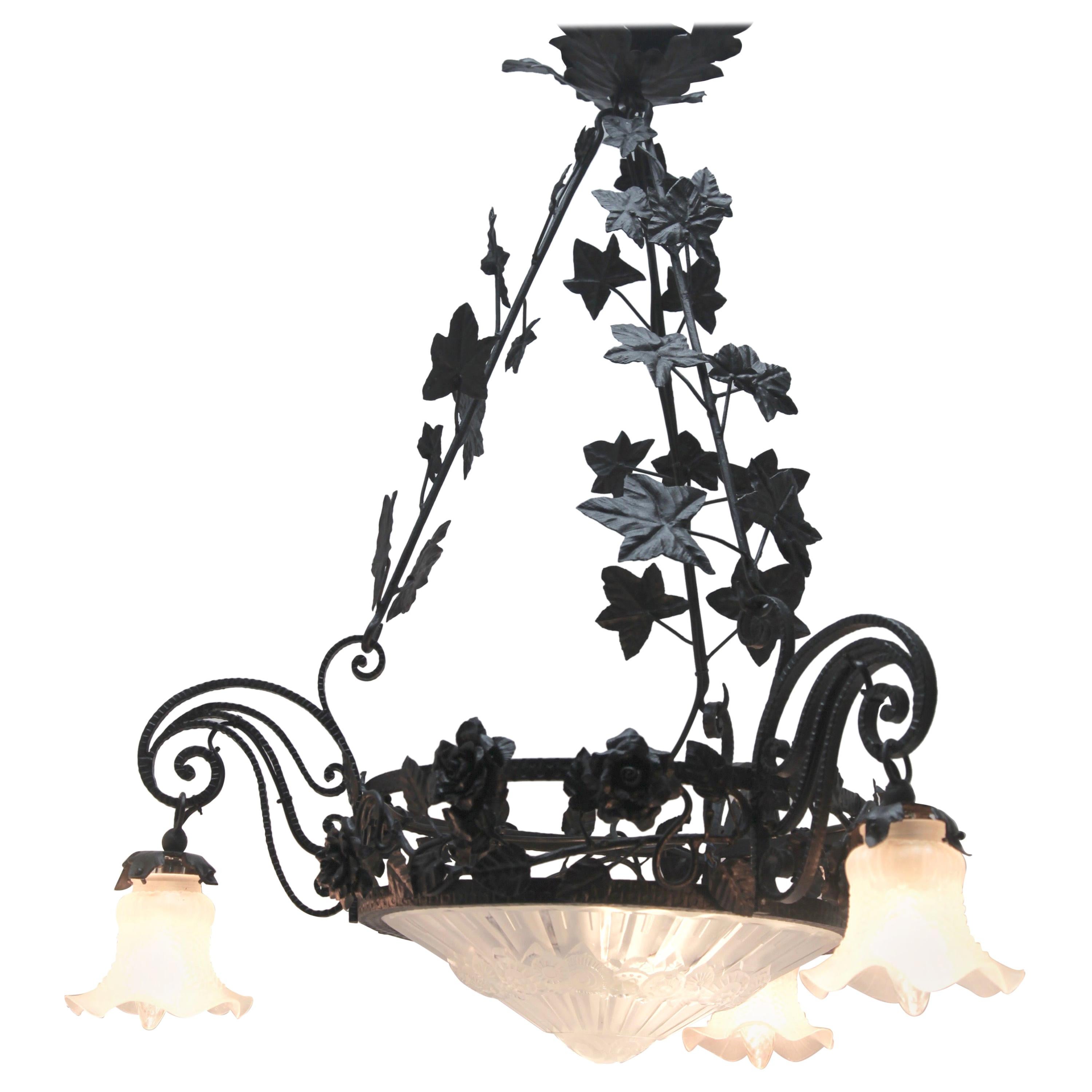 Art Nouveau Forget Metal Floral Decor Chandelier Luneville, 1930s For Sale