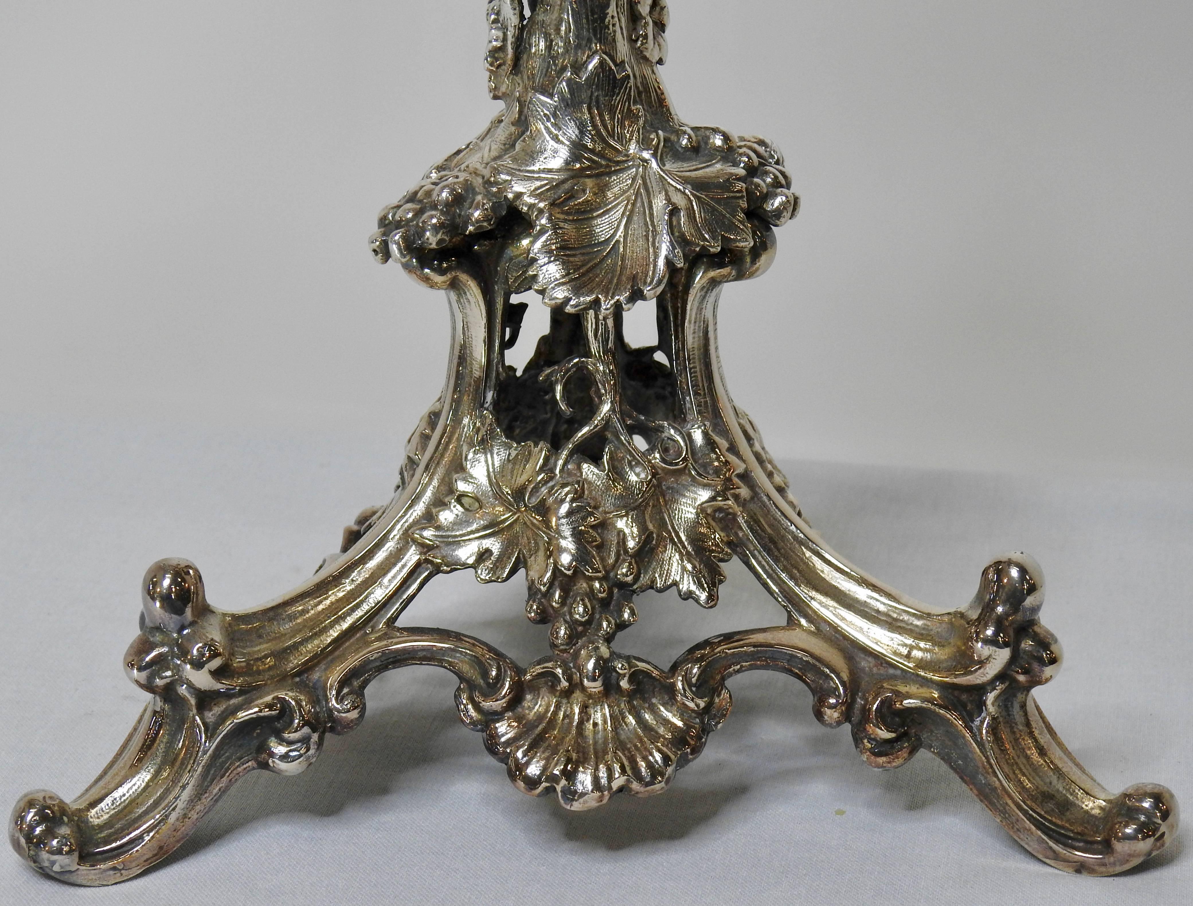 American Art Nouveau Four-Arm Silver Plate Epergne Candelabra with Engraved Glass Bowl For Sale
