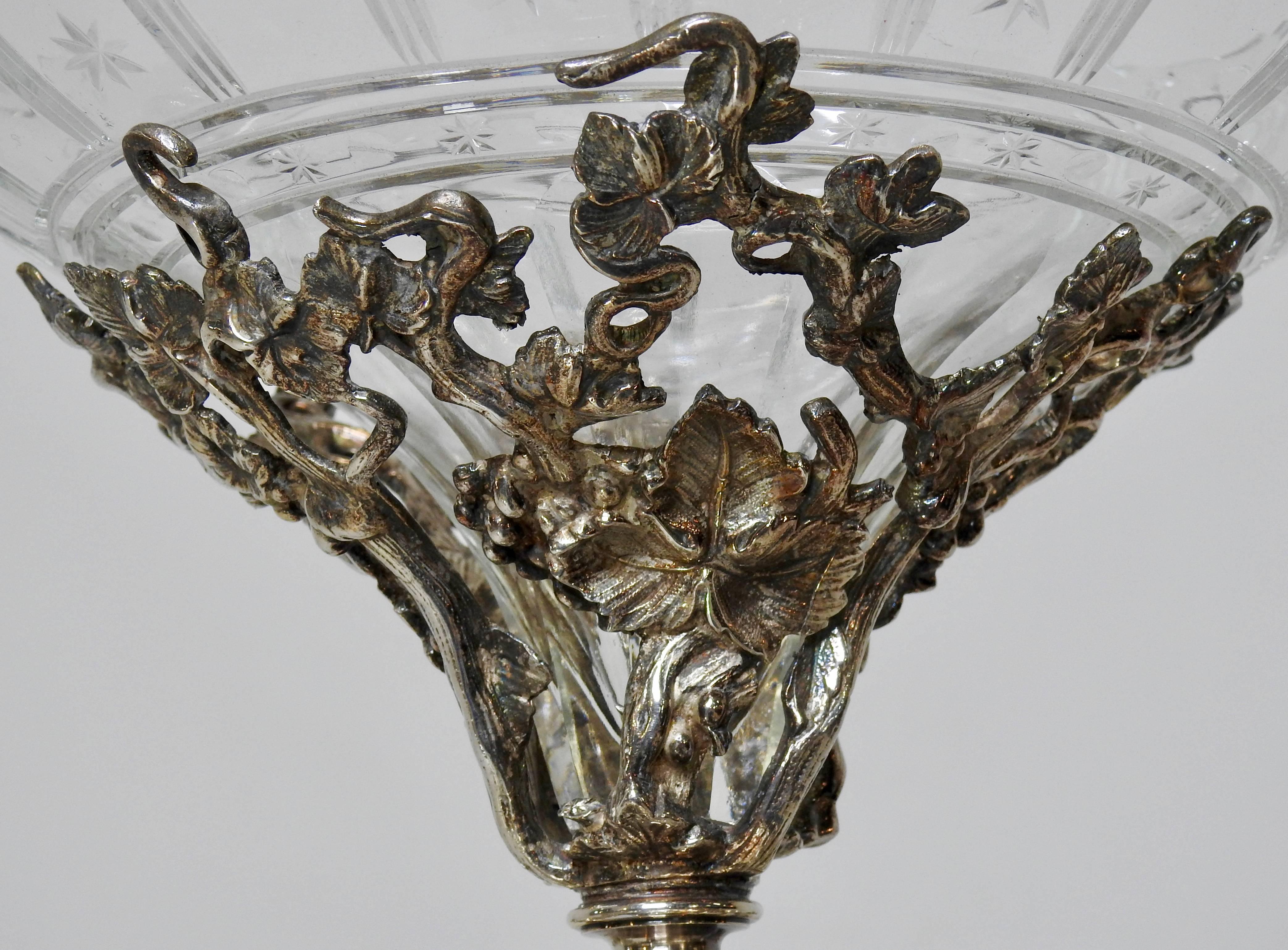 Art Nouveau Four-Arm Silver Plate Epergne Candelabra with Engraved Glass Bowl For Sale 1