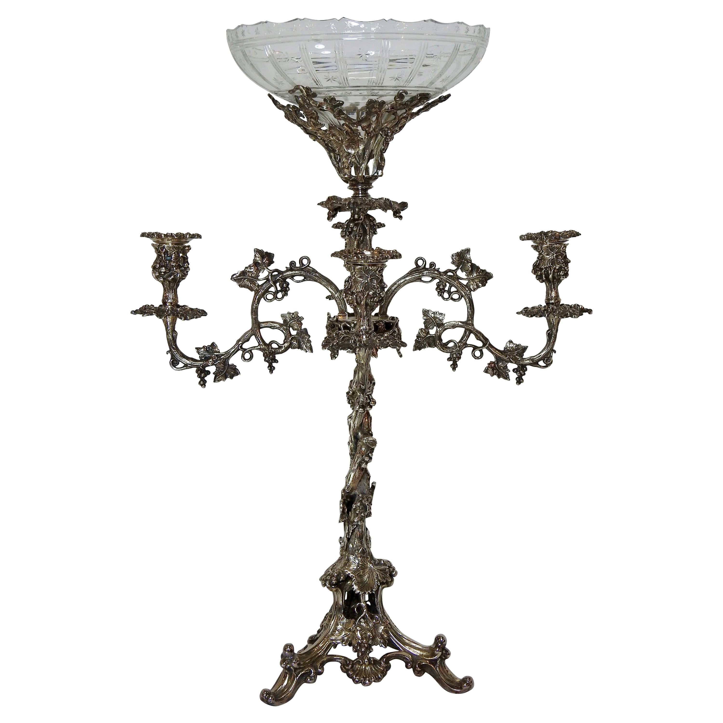 Art Nouveau Four-Arm Silver Plate Epergne Candelabra with Engraved Glass Bowl For Sale