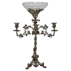 Art Nouveau Four-Arm Silver Plate Epergne Candelabra with Engraved Glass Bowl
