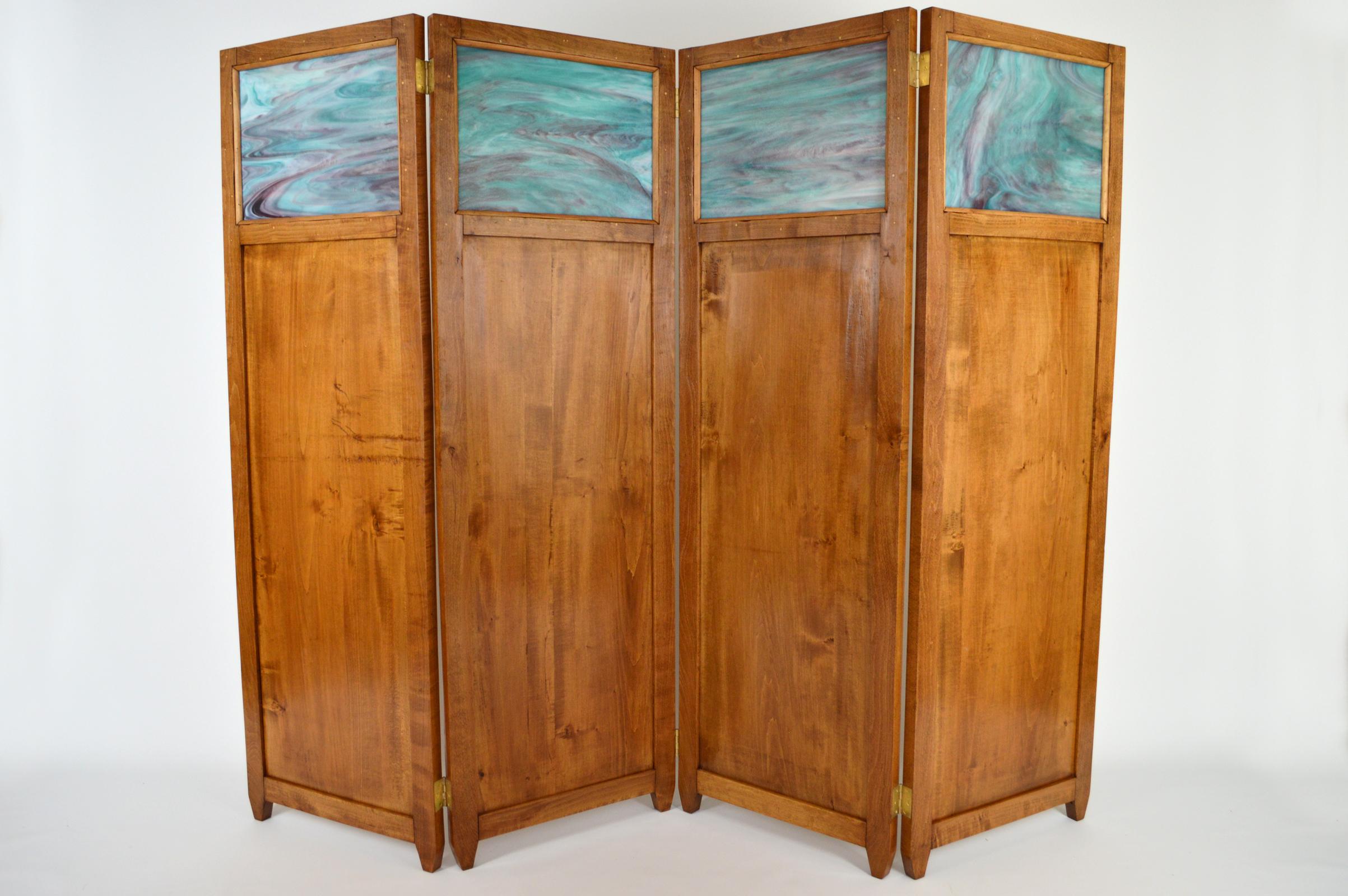 Art Nouveau Four-Panel Folding Screen, Pyrographed Wood & Stained Glass, 1910s For Sale 9