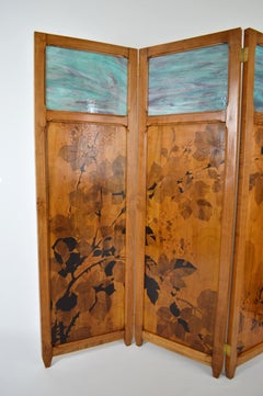 Art Nouveau Four-Panel Folding Screen, Pyrographed Wood & Stained Glass, 1910s