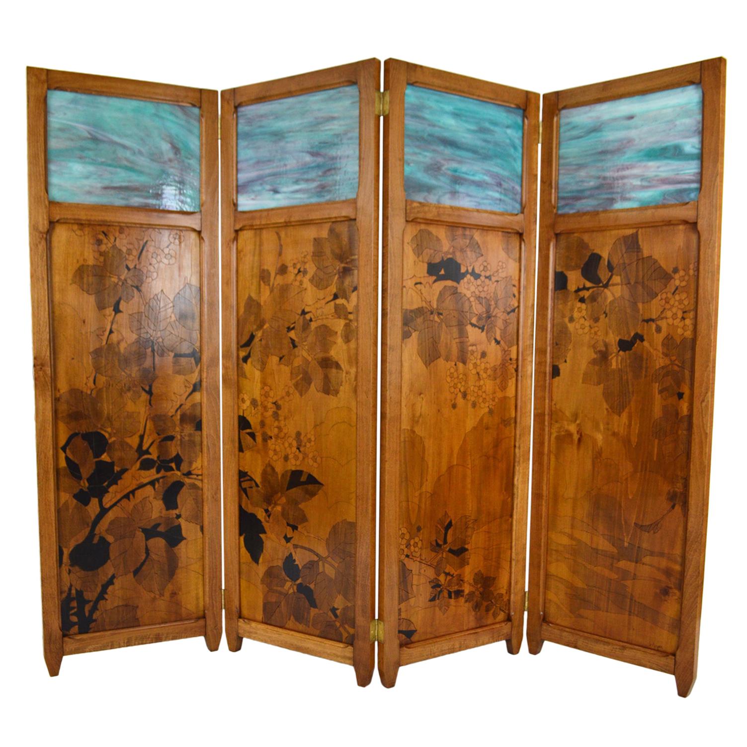 Art Nouveau Four-Panel Folding Screen, Pyrographed Wood & Stained Glass, 1910s For Sale