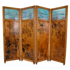 Antique Art Nouveau Four-Panel Folding Screen, Pyrographed Wood & Stained Glass, 1910s