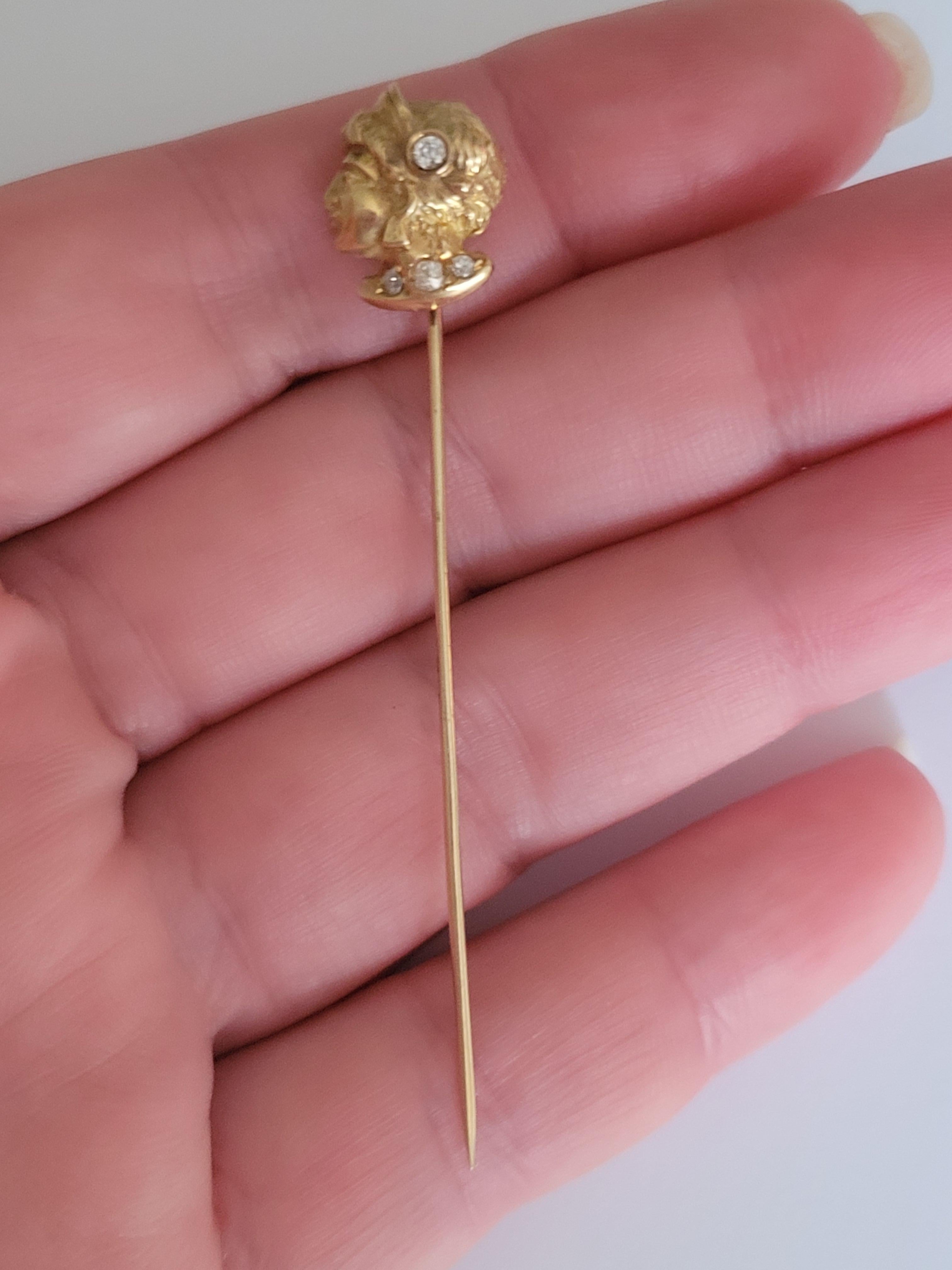 A Gorgeous Art Nouveau c.1900 18 Karat Gold and Diamond Young Maiden stick pin. Possibly French origin.
Length 67mm.
Head 13mm x 11mm.
Diamond approx. from 1.2mm to 2.1mm.
Weight 4.5gr.
Unmarked, tested 18 Karat Gold.
The stick pin in excellent