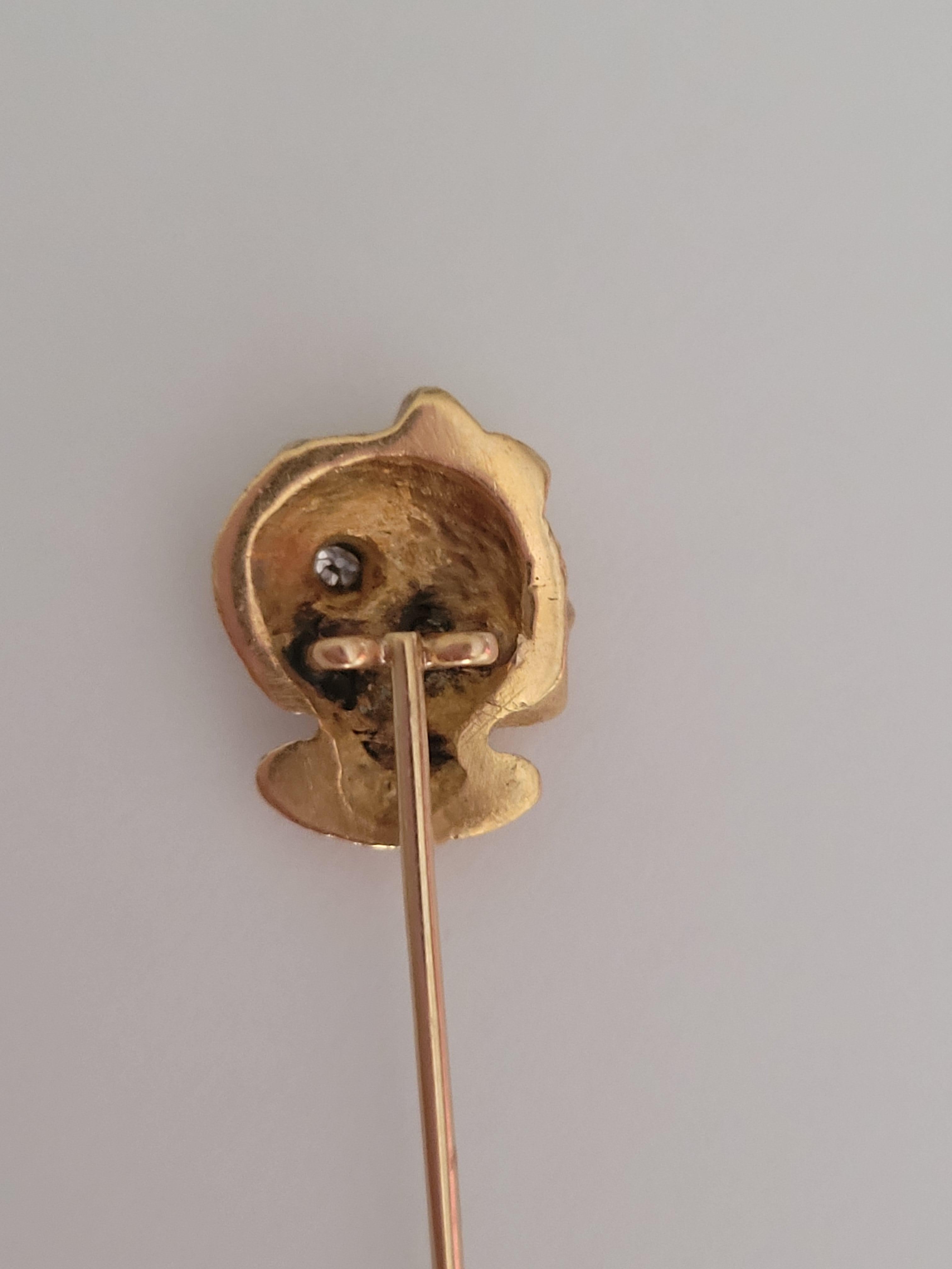 Old European Cut Art Nouveau French 18 Karat Gold Diamond head stick pin For Sale