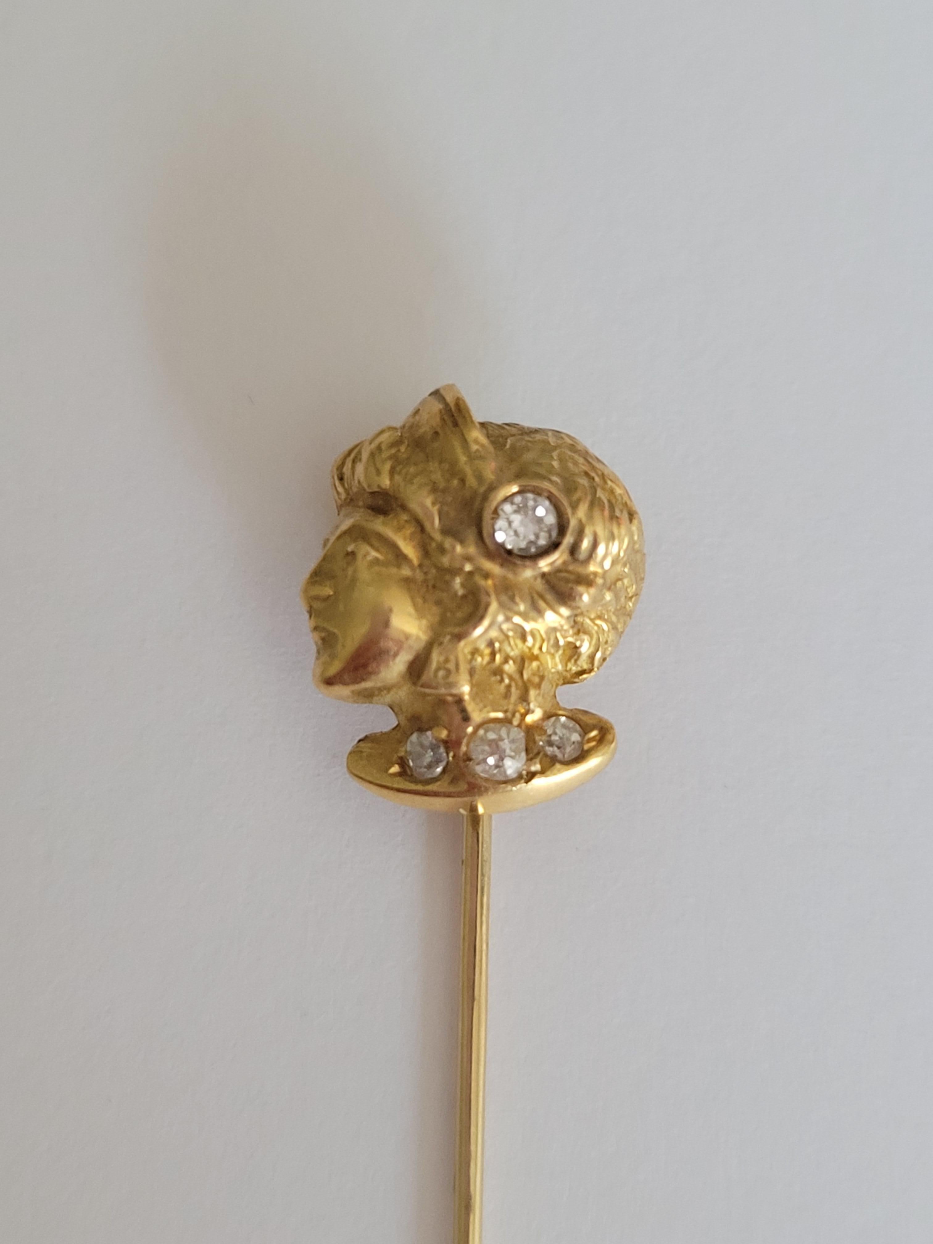 Art Nouveau French 18 Karat Gold Diamond head stick pin In Excellent Condition For Sale In Boston, Lincolnshire
