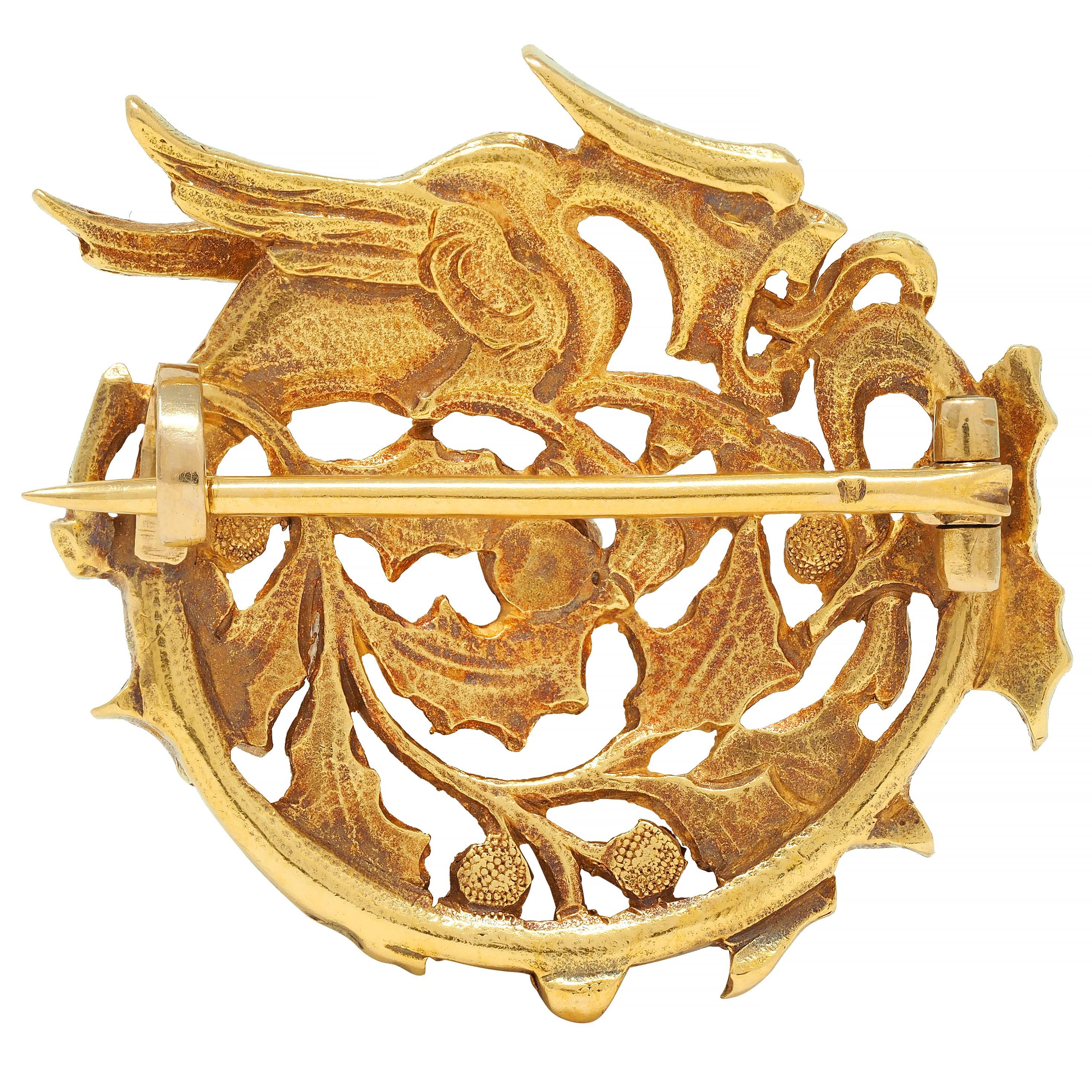 Women's or Men's Art Nouveau French 18 Karat Yellow Gold Dragon Holly Circle Brooch