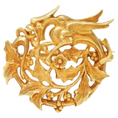 Art Nouveau French 18 Karat Yellow Gold Dragon Holly Circle Brooch