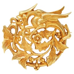 Französische Jugendstil-Brosche, 18 Karat Gelbgold, Drache Holly, Kreis