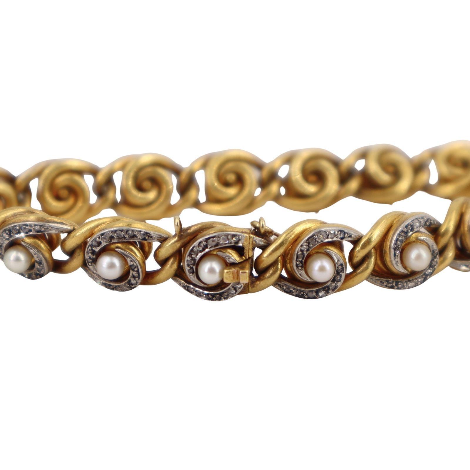 Art Nouveau French 18 kt Gold Bracelet with Pearls and Diamonds en Bueno estado para la venta en Aventura, FL