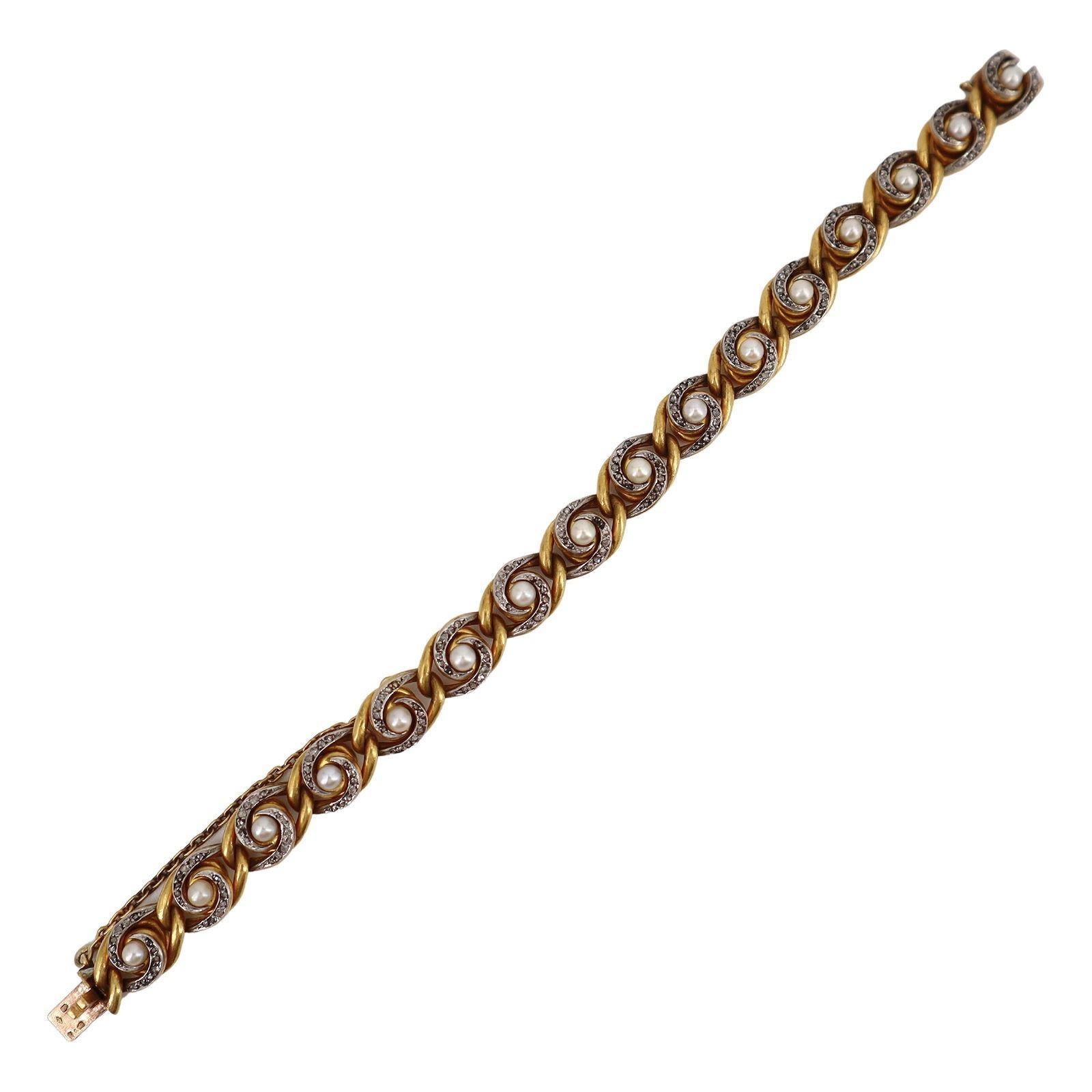 Art Nouveau French 18 kt Gold Bracelet with Pearls and Diamonds en venta 1