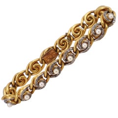 Art Nouveau French 18 kt Gold Bracelet with Pearls and Diamonds
