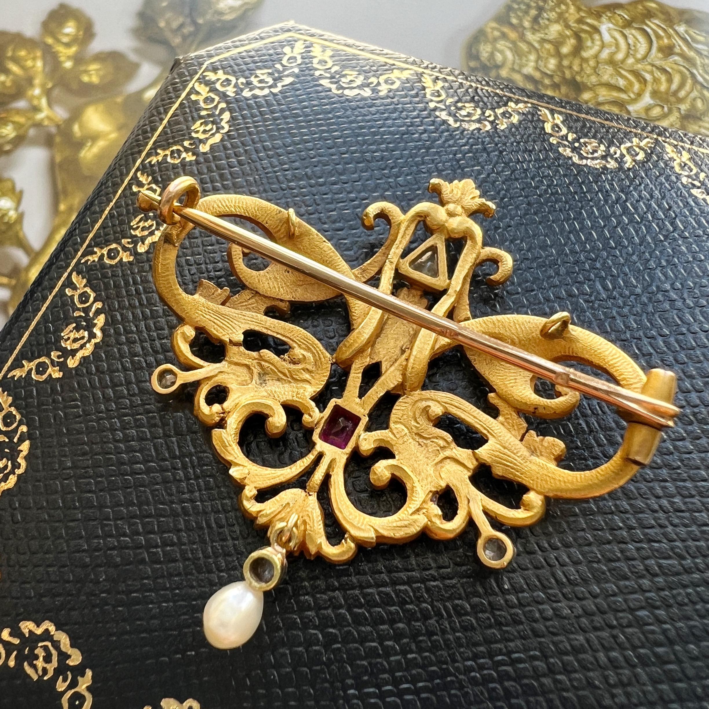 Art Nouveau French 18K gold double chimera griffon dragon pendant brooch For Sale 2