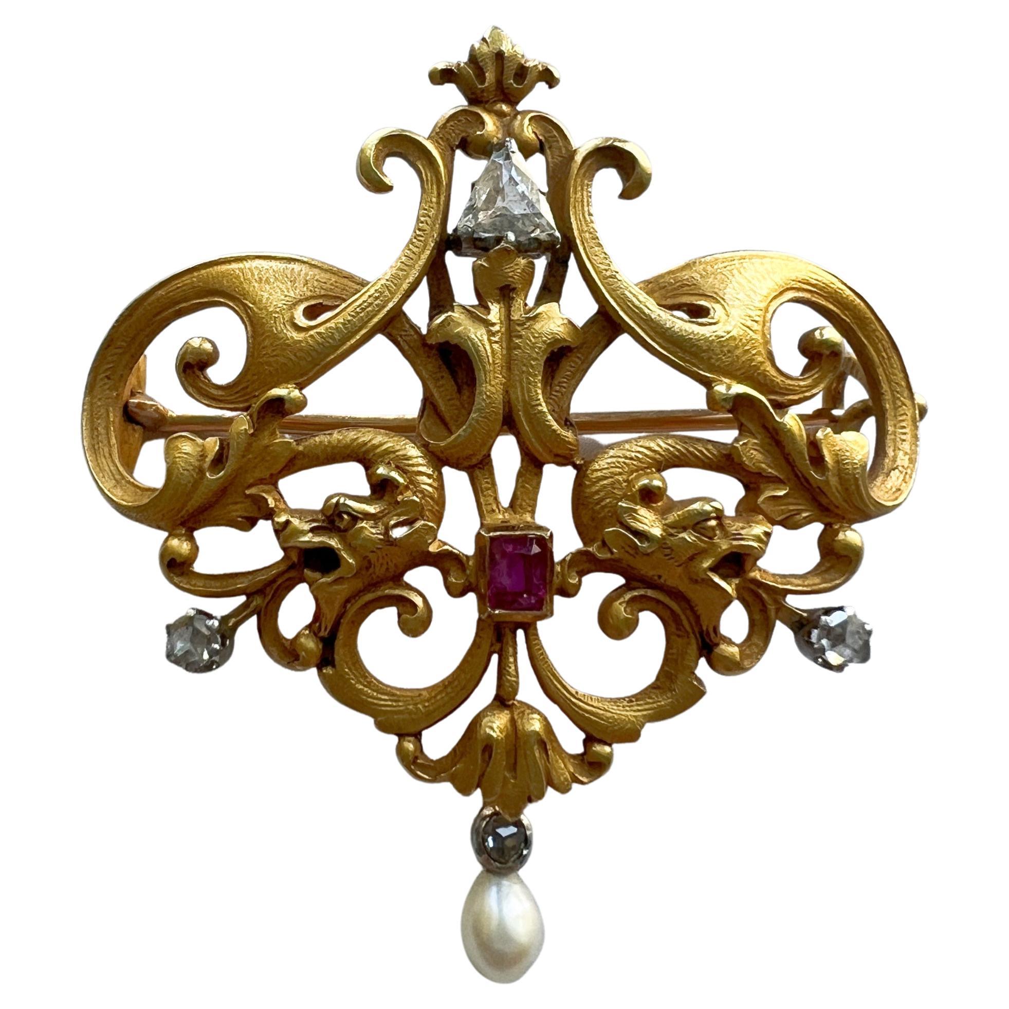 Art Nouveau French 18K gold double chimera griffon dragon pendant brooch