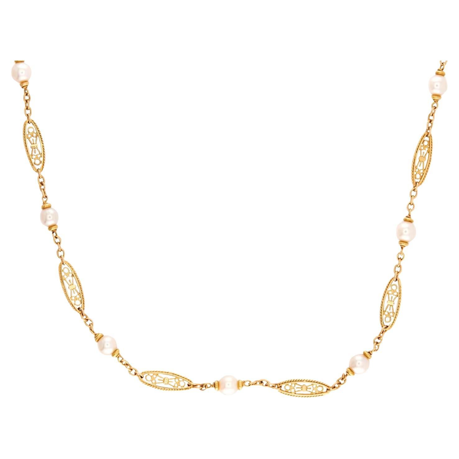 Art Nouveau French 18k Pearl Chain 23" For Sale