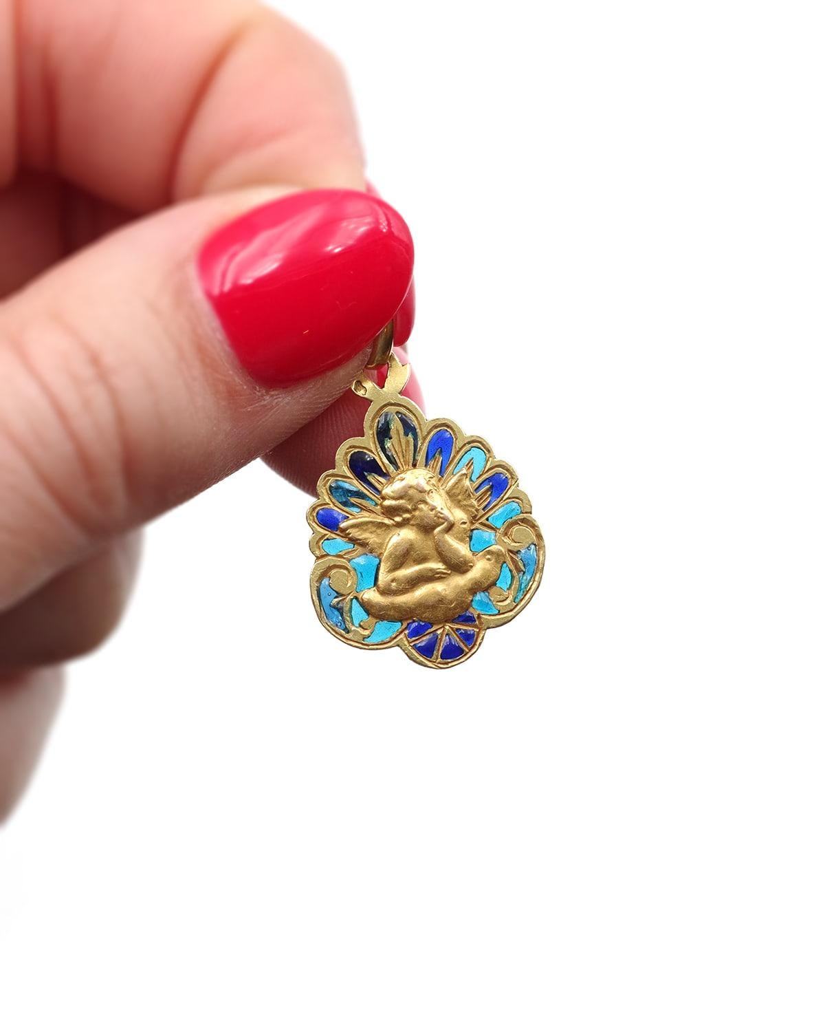 Women's Art Nouveau French 18k plique-a-jour blue enamel angel medal, Raphael angel For Sale