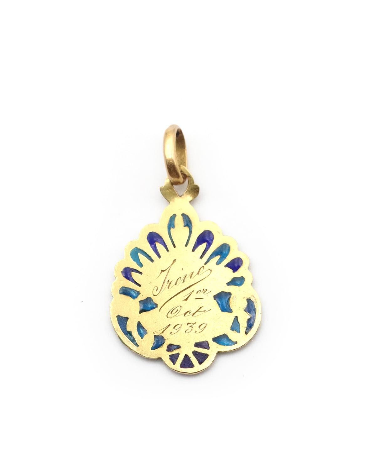 Art Nouveau French 18k plique-a-jour blue enamel angel medal, Raphael angel For Sale 1