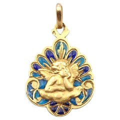 Antique Art Nouveau French 18k plique-a-jour blue enamel angel medal, Raphael angel