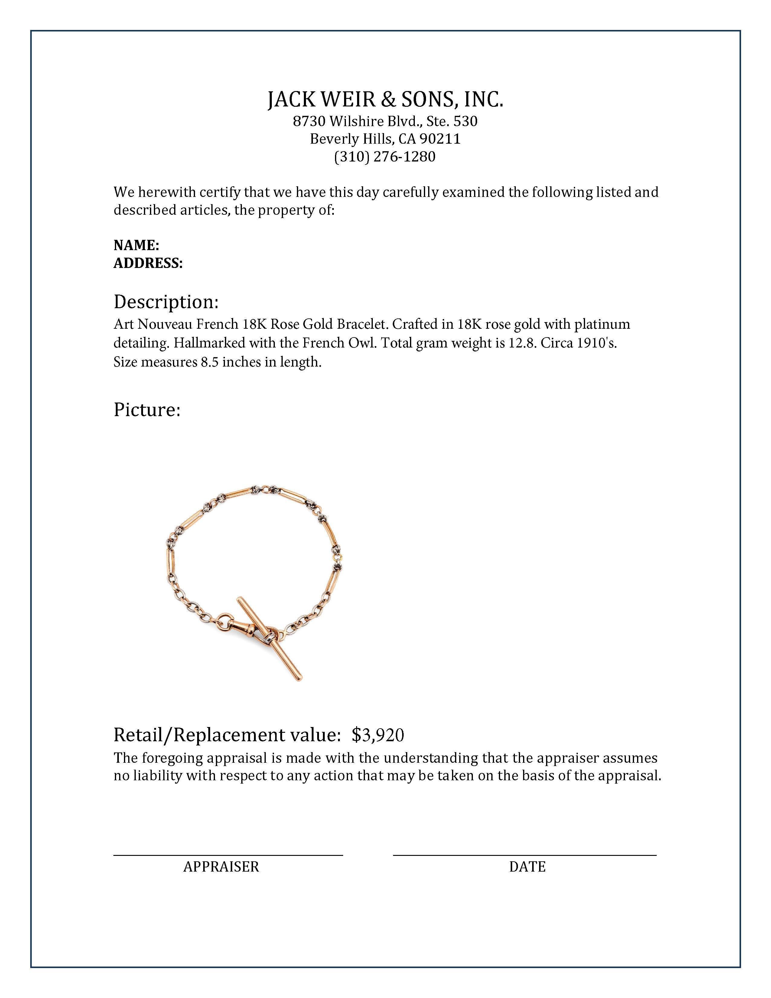 Art Nouveau French 18K Rose Gold Bracelet For Sale 1