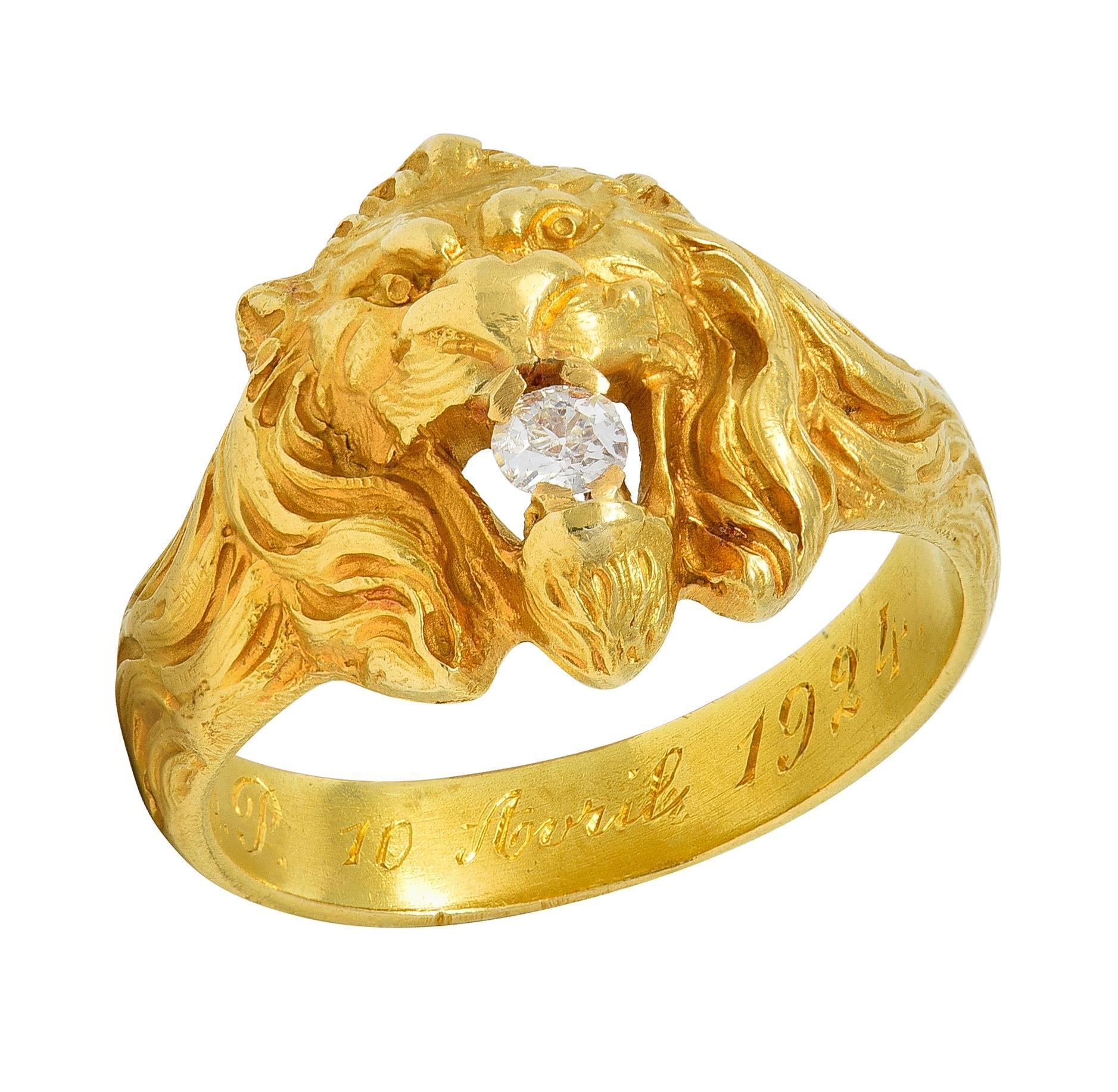 Anello Leone antico in stile Art Nouveau francese del 1924 con diamante in oro giallo 18 carati in vendita 6