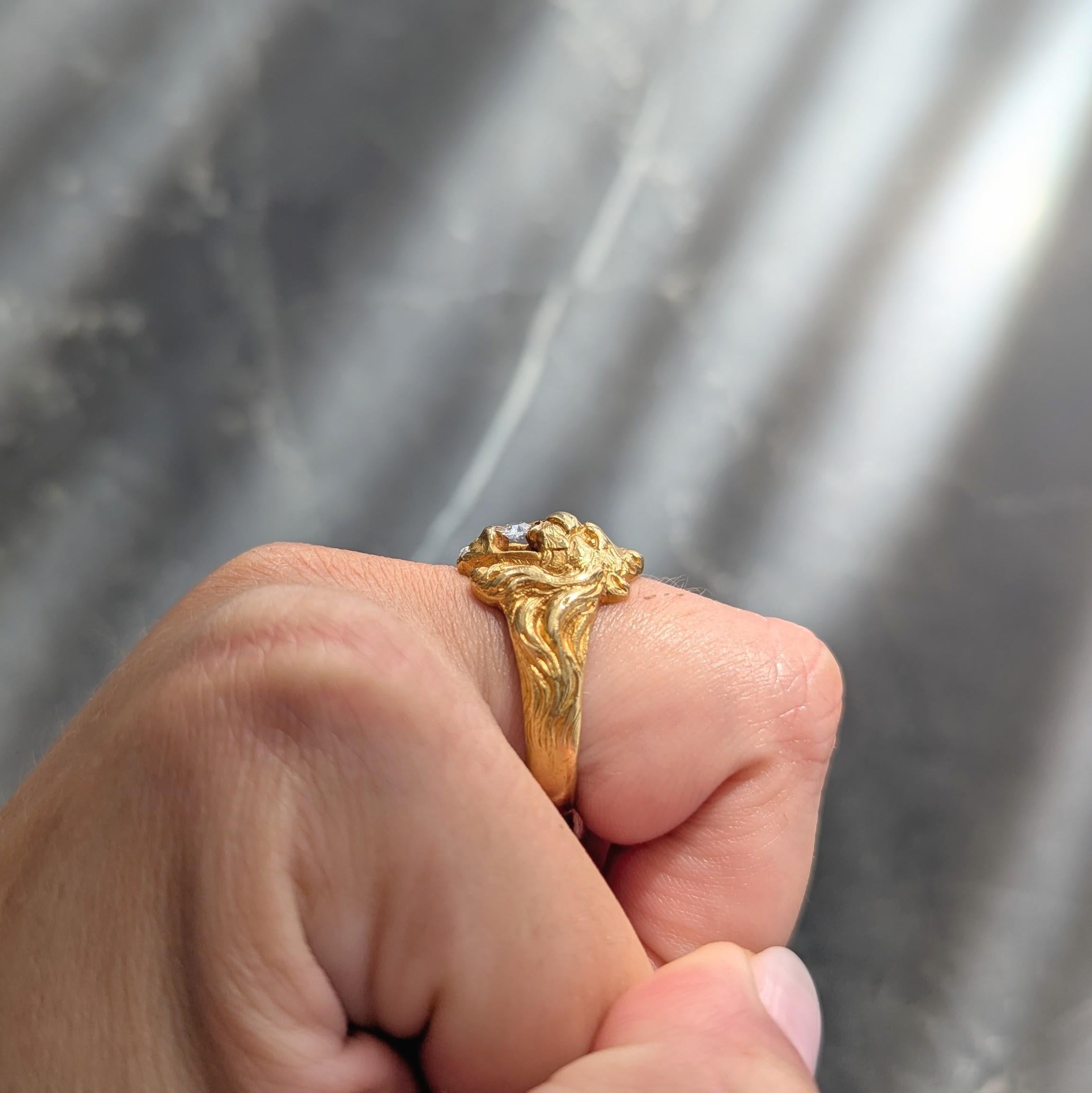Anello Leone antico in stile Art Nouveau francese del 1924 con diamante in oro giallo 18 carati in vendita 8