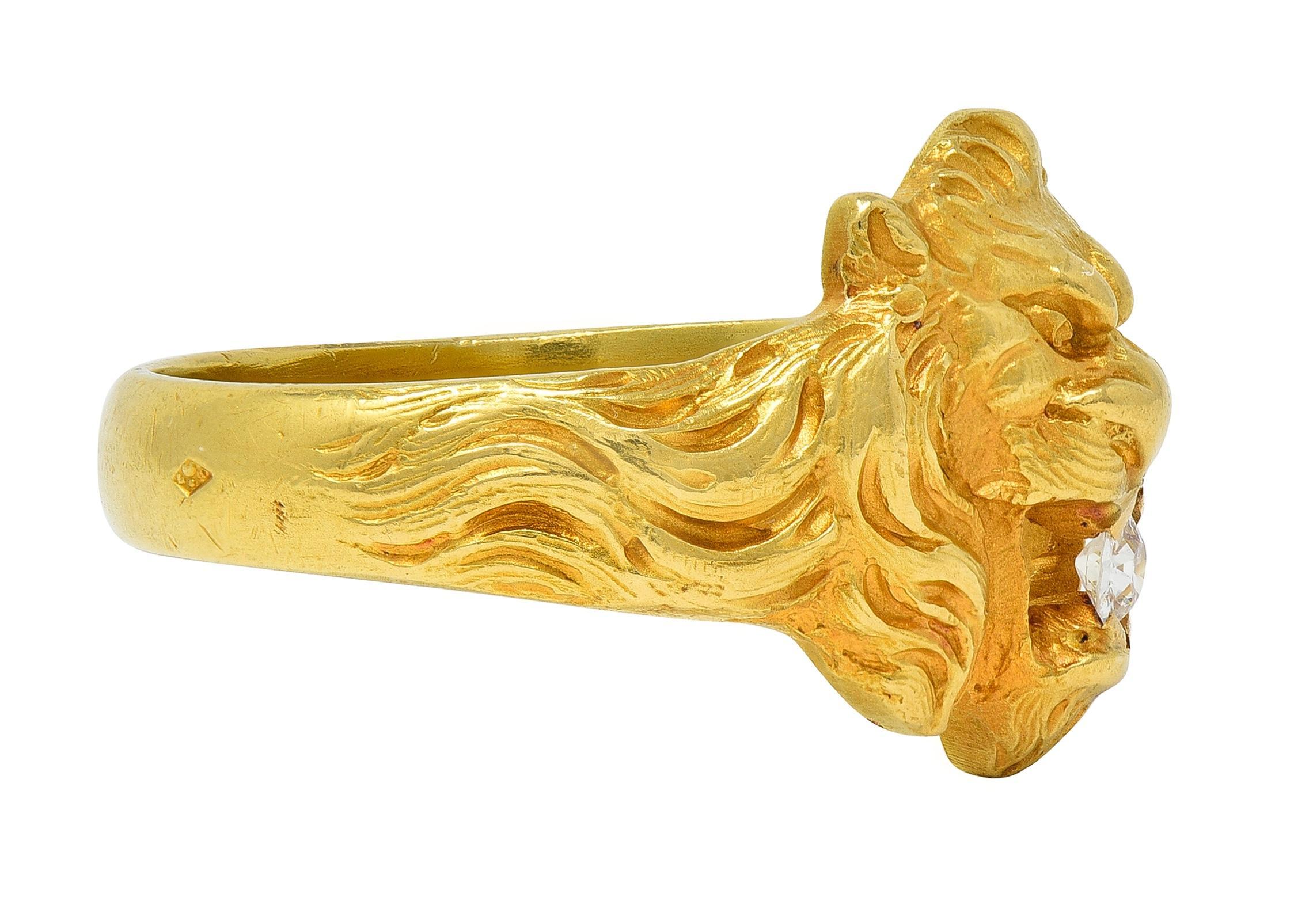 Taglio antico europeo Anello Leone antico in stile Art Nouveau francese del 1924 con diamante in oro giallo 18 carati in vendita